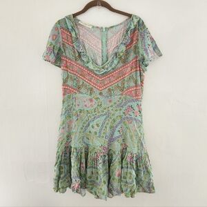 Spell And The Gypsy Paisley Print Ruffle Mini Dress Boho Chic Green Small